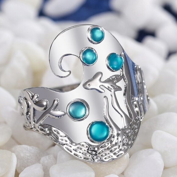 🎁925 Silver Plated Creative Vintage Fish Pattern Blue Gemstone Ring, UNVN12479 - Picture 1 of 4